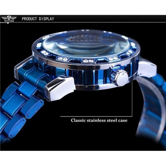 Retro Manual Mechanical Skeleton Watch with Diamond and Carving Flower, Blue - Picture 6 of 6